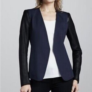 Theory ponte blazer with leather sleeves, size M
